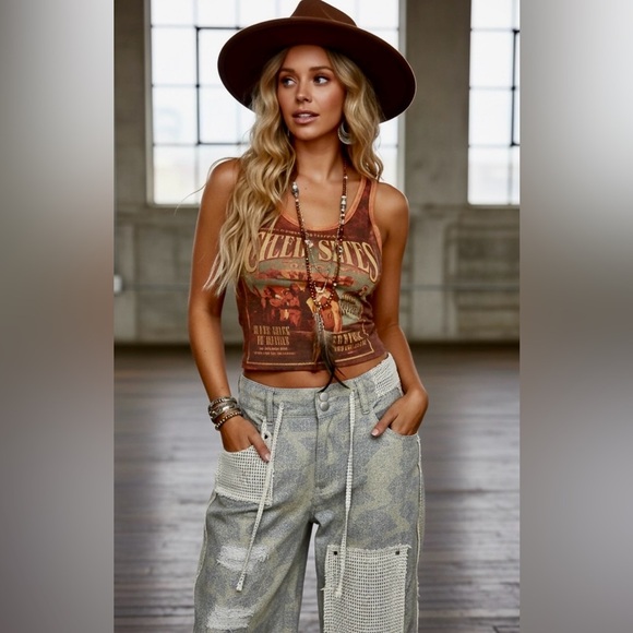 NWT POL Patchwork Boho Patch Crochet Wide Leg Camo Camouflage Pants Jeans - Picture 3 of 10